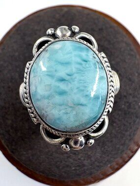 VTG Solid Sterling Silver 925 Larimar Bezel Set Statement Ring Size 7.25